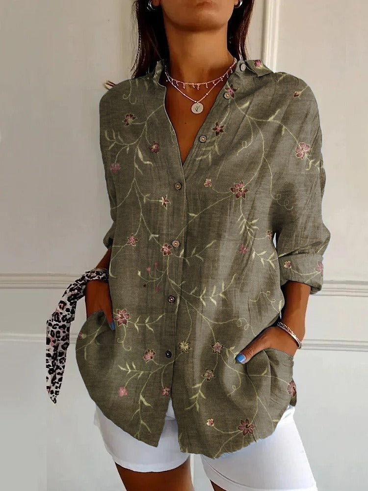 Women's Button-Up Blouse - Relaxed Fit - 3/4 Sleeve - Patchwork Floral Print