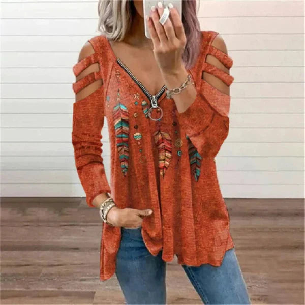 Women’s Pullover Top – Relaxed Fit – Zipper Neckline – Cold Shoulder – Printed Design