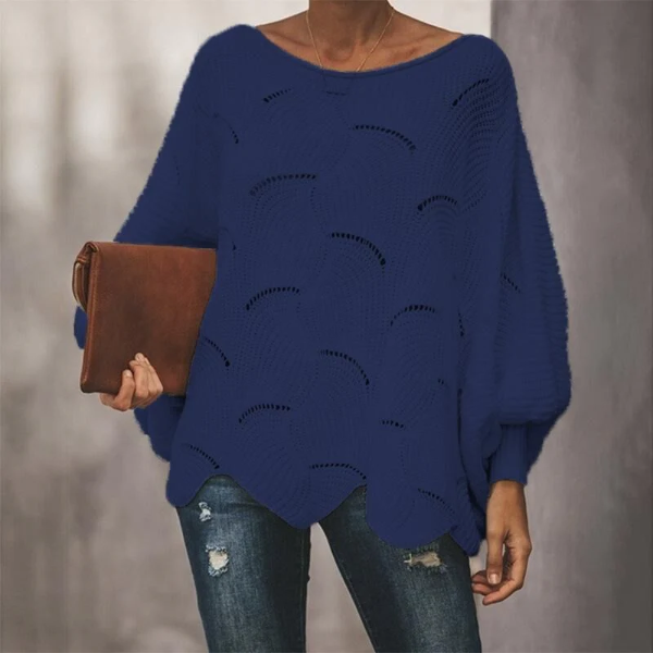 Women’s Knit Sweater – Relaxed Fit – Batwing Sleeves – Scalloped Hem – Wool Blend