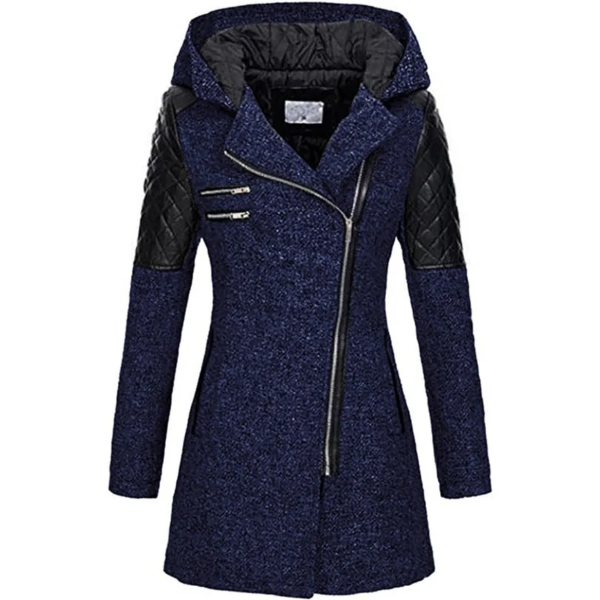 Women’s Jacket – Tailored Fit – Tweed Body – Quilted Sleeves – Asymmetrical Zip – Hooded