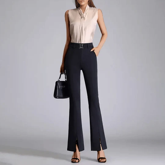 Women’s Flared Trousers – High Waist – Slim Fit – Front Slits – Integrated Belt