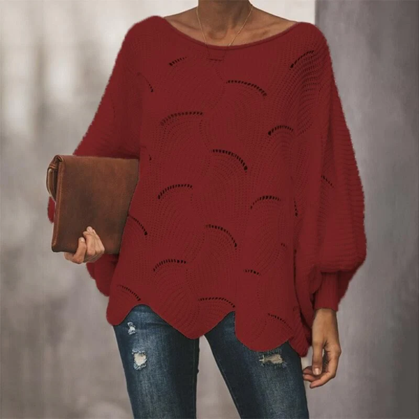Women’s Knit Sweater – Relaxed Fit – Batwing Sleeves – Scalloped Hem – Wool Blend