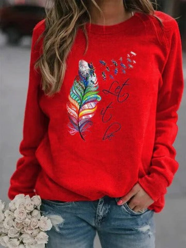 Women’s Pullover – Relaxed Fit – Cotton Blend – Feather Print – Long Sleeve Casual Wear