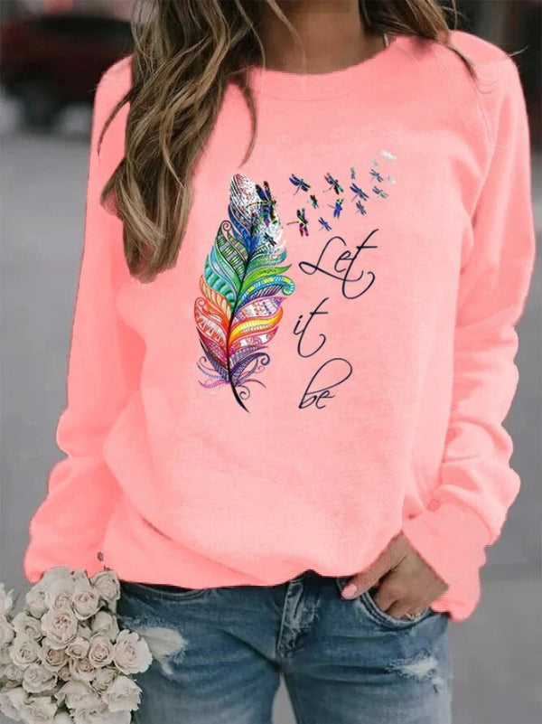 Women’s Pullover – Relaxed Fit – Cotton Blend – Feather Print – Long Sleeve Casual Wear