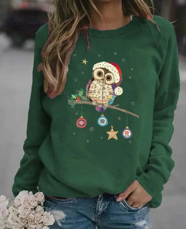 Women’s Sweatshirt – Relaxed Fit – Cotton Blend – Long Sleeve – Festive Owl Print
