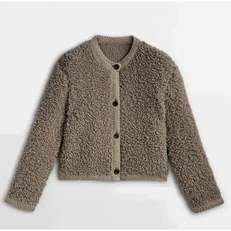 Women’s Teddy Coat – Relaxed Fit – Faux Shearling – Button-Up – Crew Neck – Hip Length