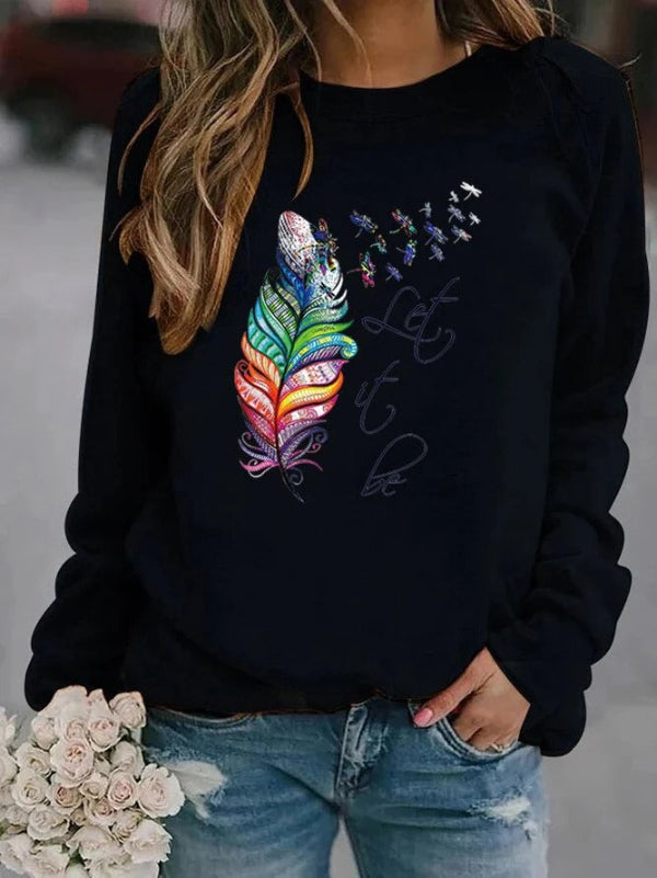 Women’s Pullover – Relaxed Fit – Cotton Blend – Feather Print – Long Sleeve Casual Wear