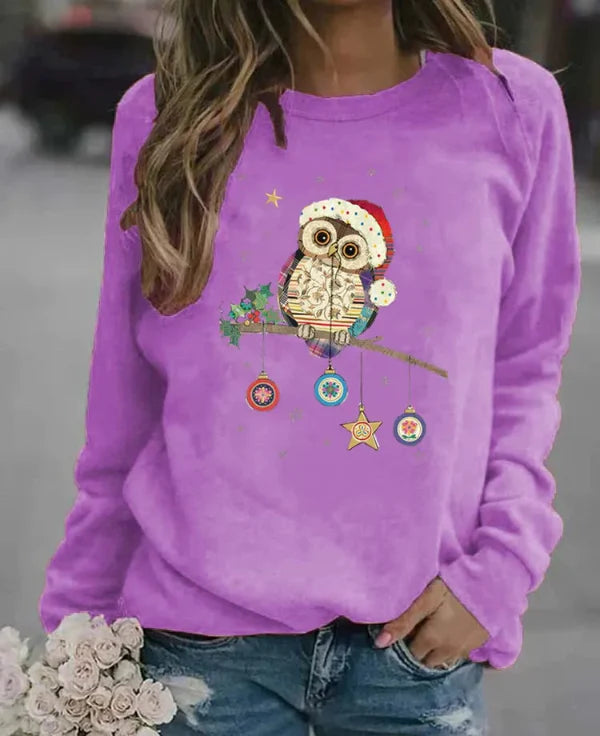 Women’s Sweatshirt – Relaxed Fit – Cotton Blend – Long Sleeve – Festive Owl Print