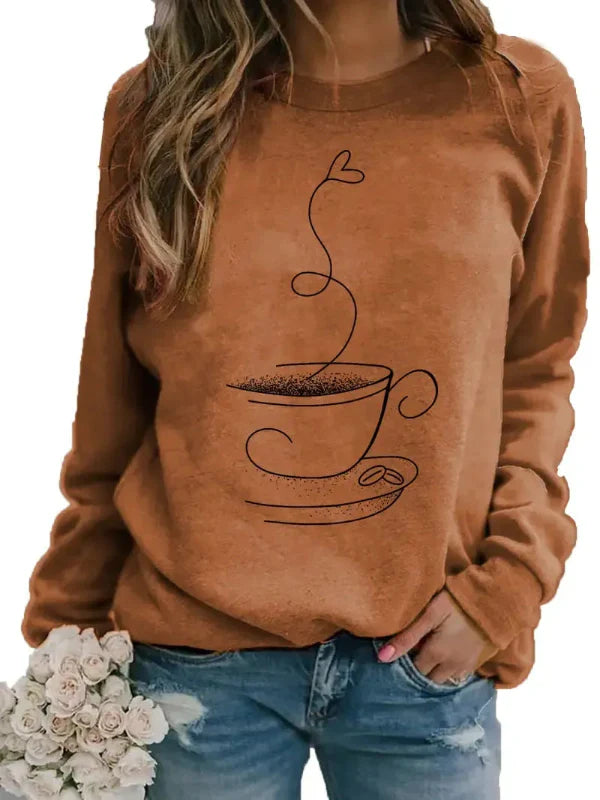 Women’s Sweatshirt – Relaxed Fit – Cotton Blend – Coffee Cup Graphic – Crew Neck
