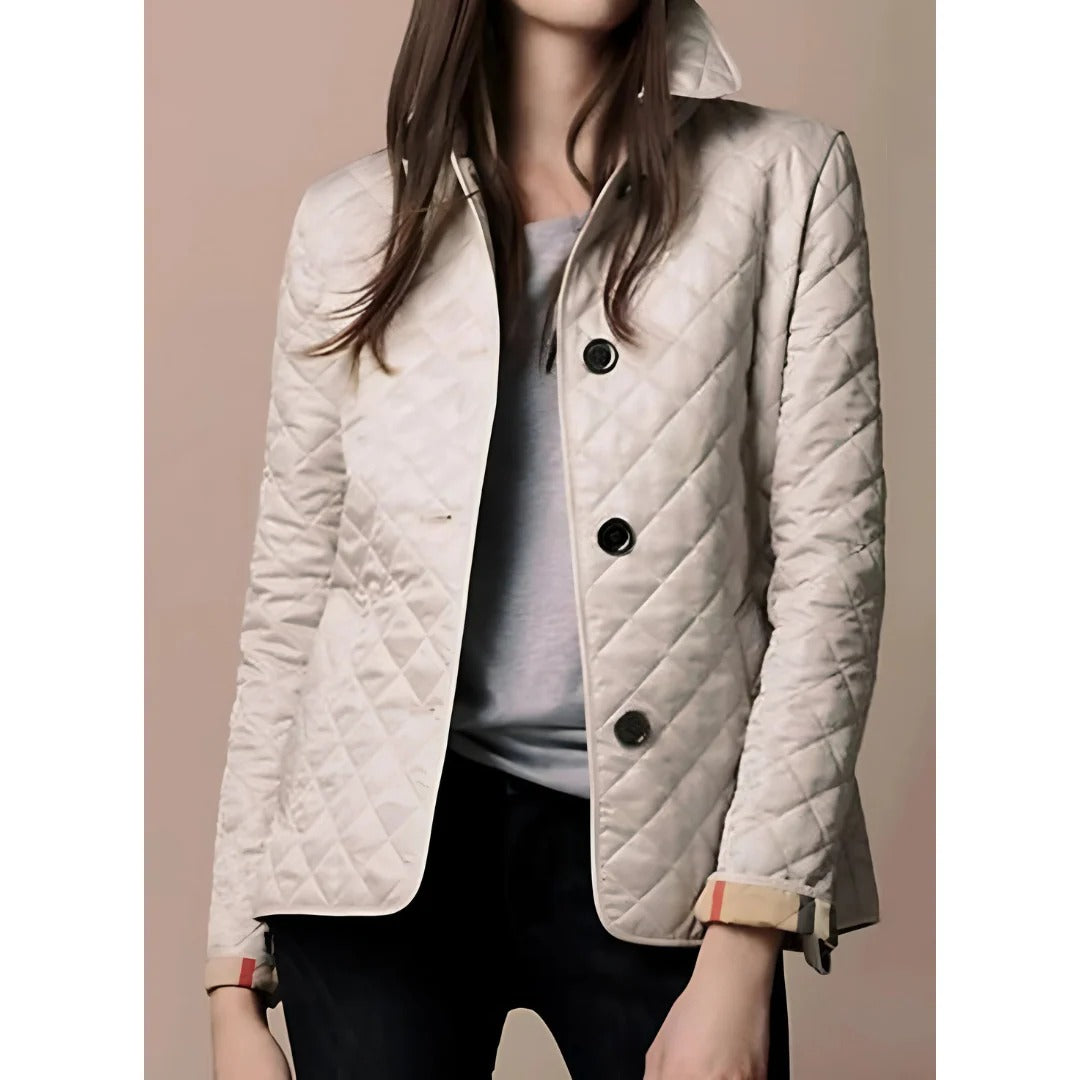 Women’s Quilted Jacket – Tailored Fit – Diamond Pattern – Hip Length – Button Front