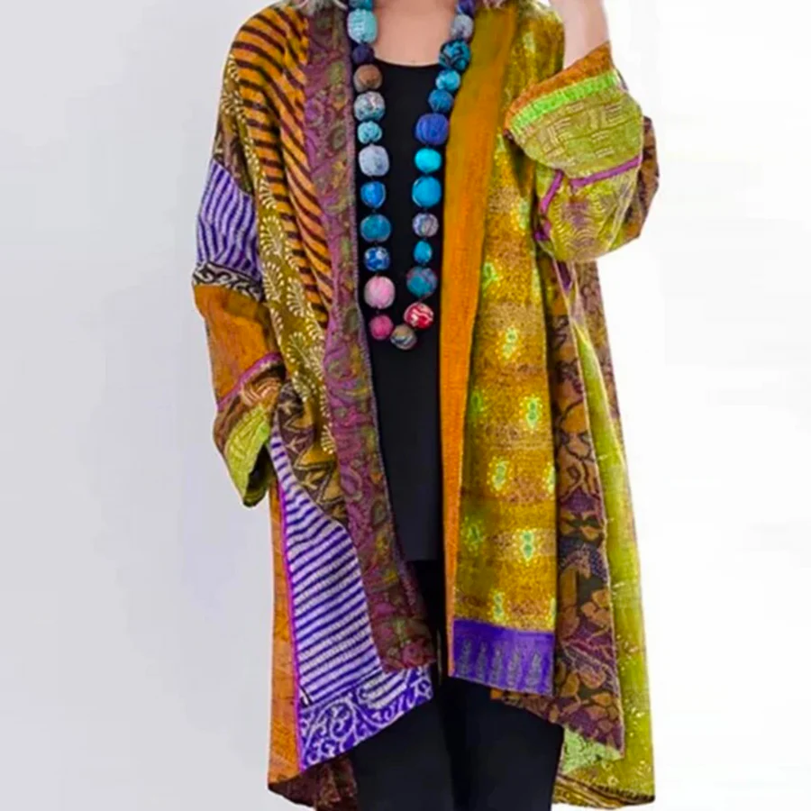 Women’s Cardigan – Wool Knit – Oversized Fit – Long Length – Bohemian Patchwork Design
