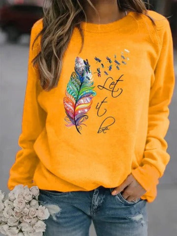 Women’s Pullover – Relaxed Fit – Cotton Blend – Feather Print – Long Sleeve Casual Wear