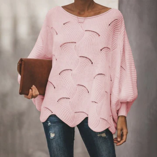 Women’s Knit Sweater – Relaxed Fit – Batwing Sleeves – Scalloped Hem – Wool Blend