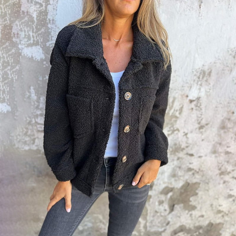 Women’s Coat – Relaxed Fit – Wool Texture – Wide Lapel – Oversized Buttons – Patch Pockets