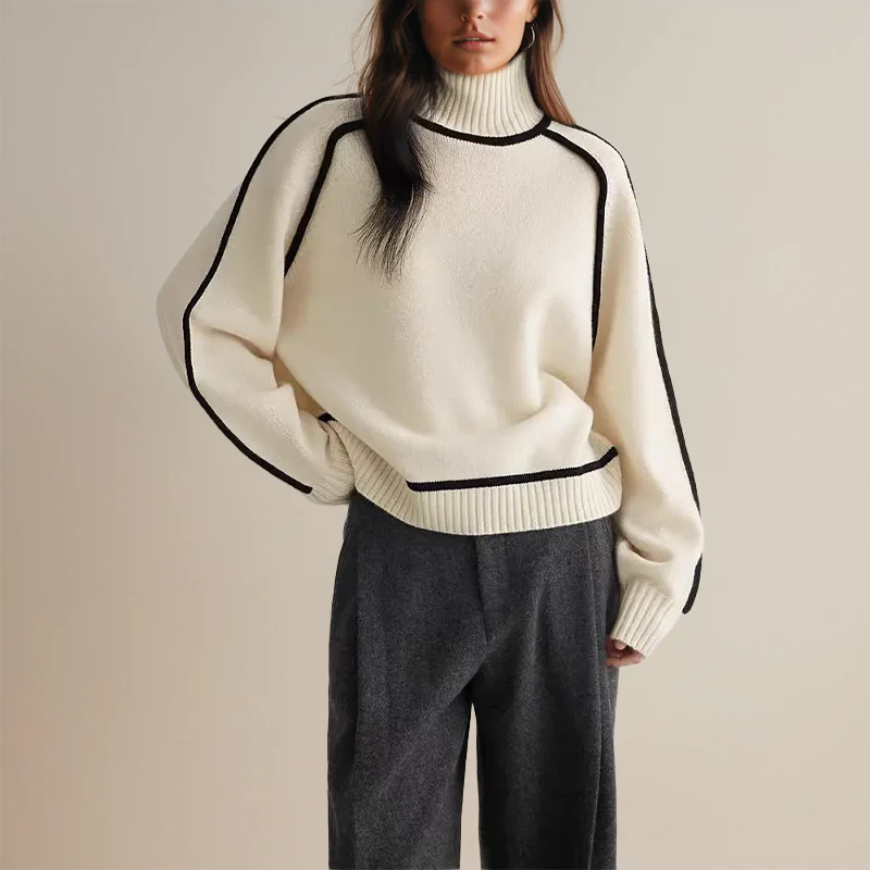Women’s Turtleneck Sweater – Soft Knit Wool – Oversized Fit – Ribbed and Contrast Trim