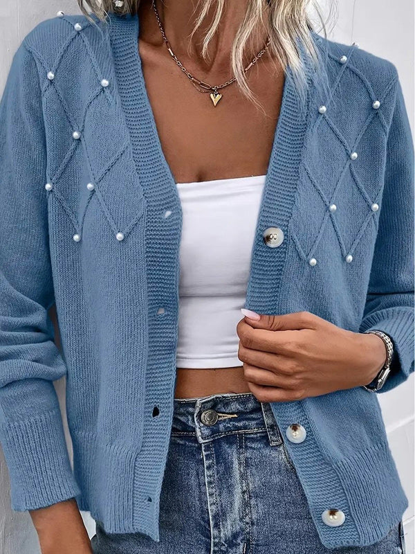 Women’s Cardigan – Wool Knit – Relaxed Fit – V-Neck – Button Front – Pearl Detail