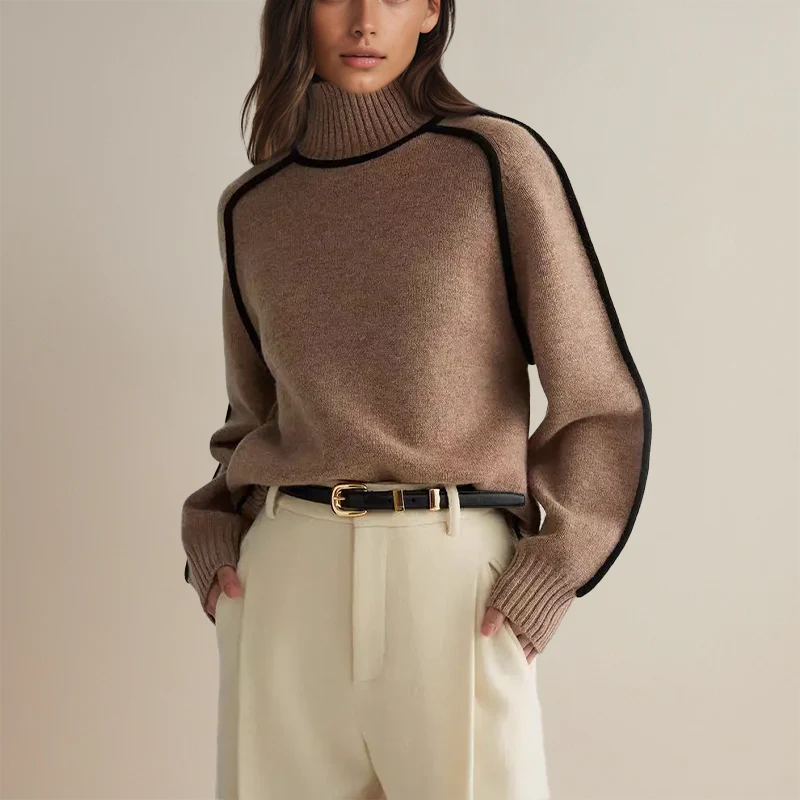 Women’s Turtleneck Sweater – Soft Knit Wool – Oversized Fit – Ribbed and Contrast Trim