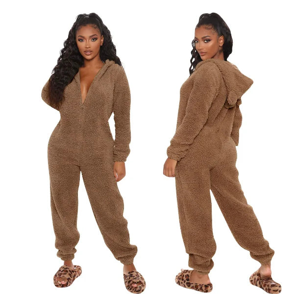 Women’s Onesie Pajama – Plush Fuzzy Fabric – Full Length – Hooded Relaxed Fit