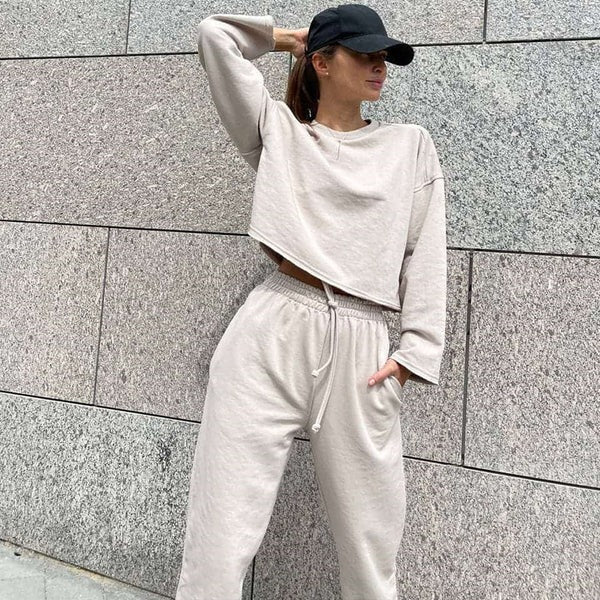 Women’s Top and Pants Set – Relaxed Fit – Cropped Crew Neck Top – Drawstring Waist