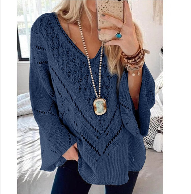 Women’s Sweater – Relaxed Fit – Crochet Knit – V-Neck – Trumpet Sleeve – Casual Wear