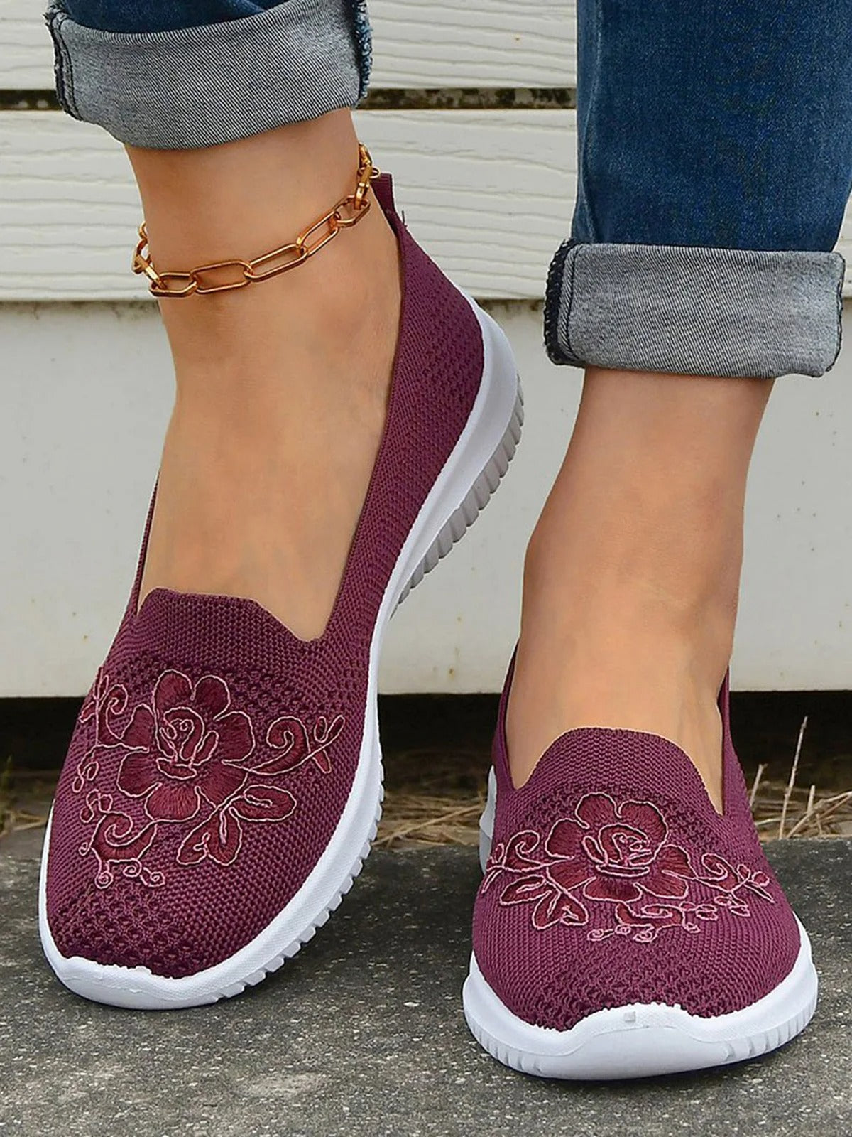 Women’s Slip-On Sneakers – Soft Knit – Floral Embroidery – Cushioned Casual Fit