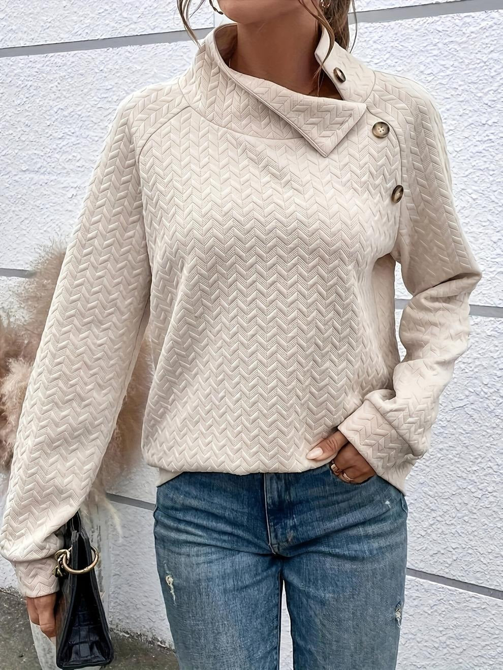 Women’s Sweatshirt – Relaxed Fit – Chevron Knit – High Neck with Button Detail