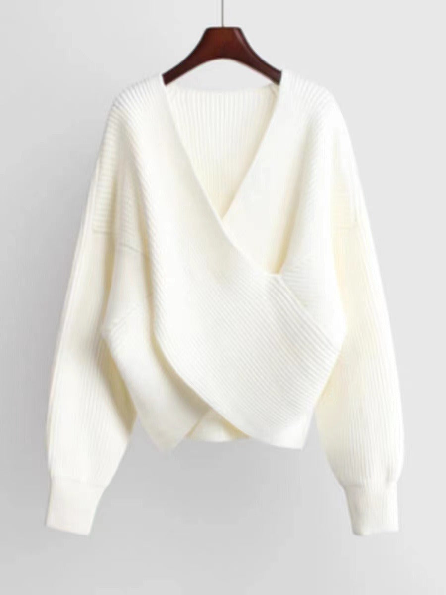 Women’s Sweatshirt – Oversized Fit – Ribbed Knit – V-Neck – Balloon Sleeves – Casual