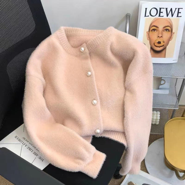 Women’s Cropped Cardigan – Faux Mink Knit – Oversized Fit – Button Front Cozy Sweater