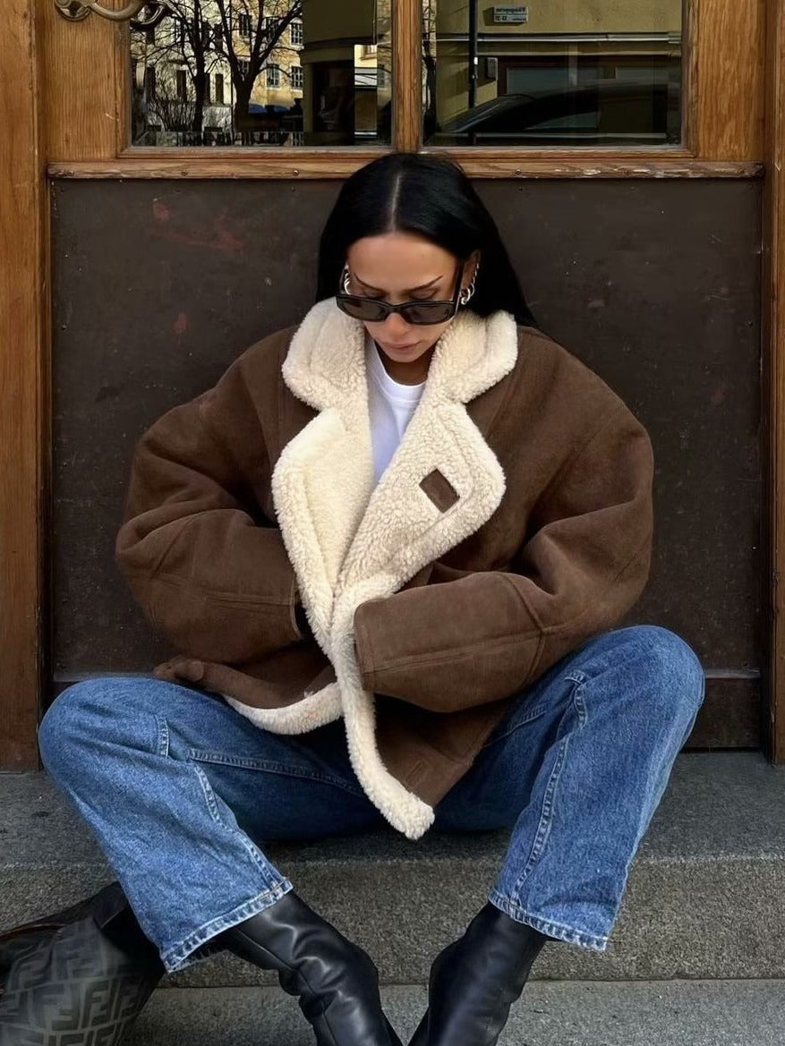 Women’s Oversized Coat – Plush Fleece Lined – Wide Notched Lapel – Mid Hip Length