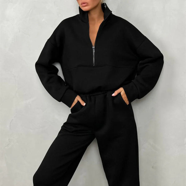 Women’s Two-Piece Sweat Set – Relaxed Fit – High Collar Half Zip Top – Elastic Waist Pants – Cotton Blend