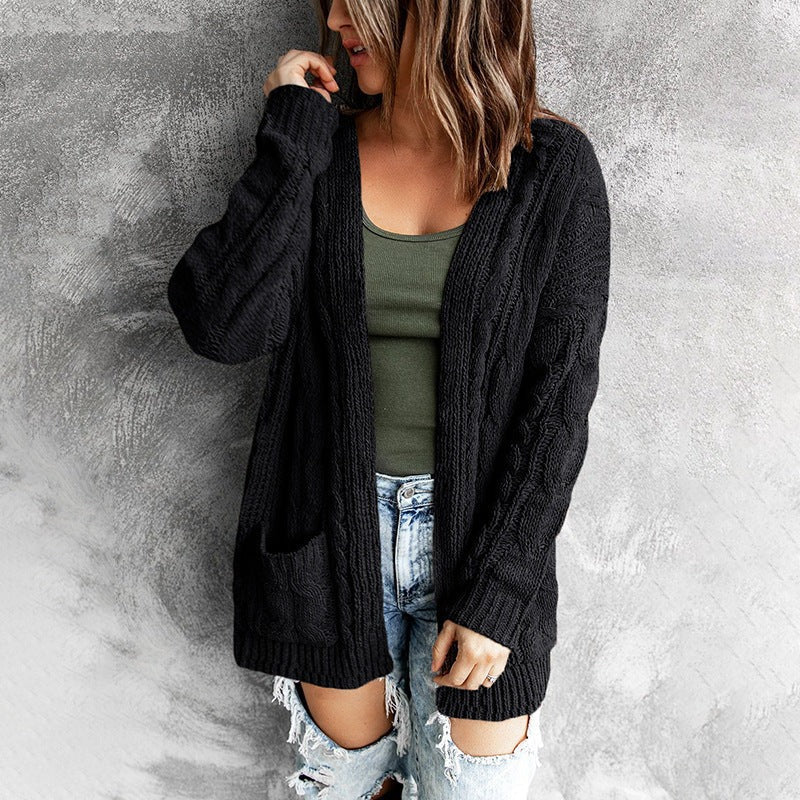 Women’s Knitted Cardigan – Relaxed Fit – Cable Knit – Open Front – Front Pockets
