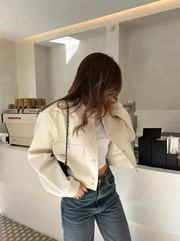 Women’s Bomber Jacket – Relaxed Fit – Cropped Waist – Button Front – Flap Pockets