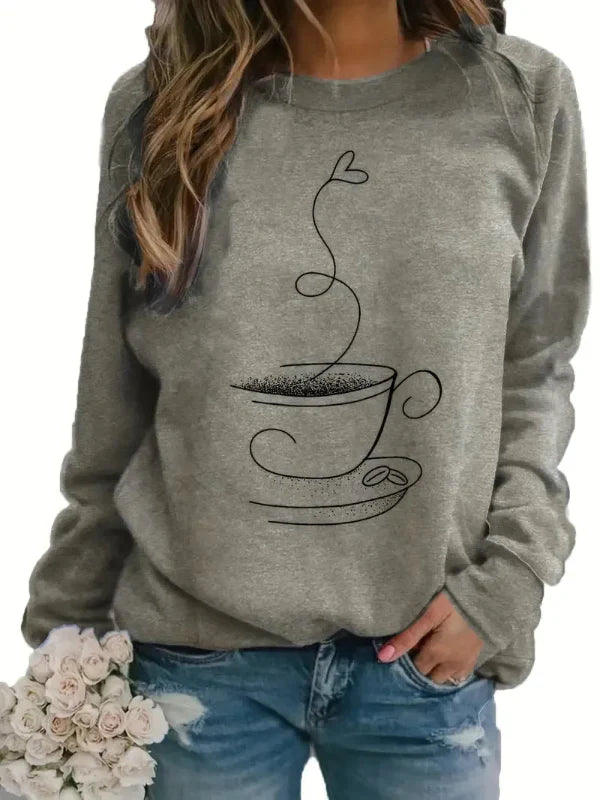 Women’s Sweatshirt – Relaxed Fit – Cotton Blend – Coffee Cup Graphic – Crew Neck