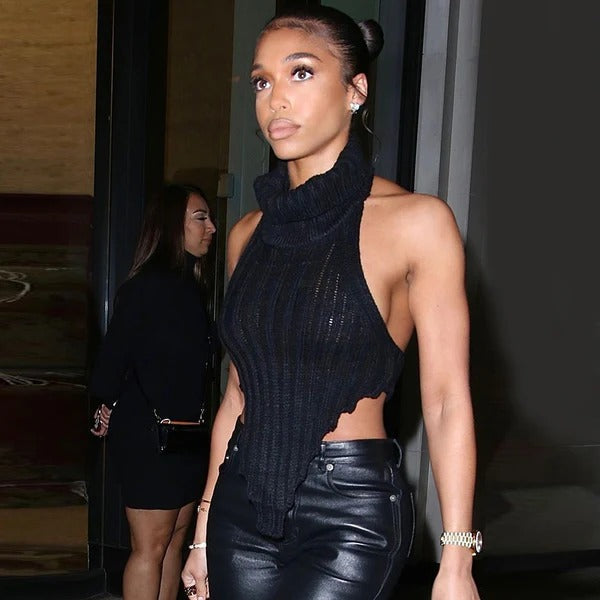 Ribbed Knit Asymmetrical Hem Halter Top