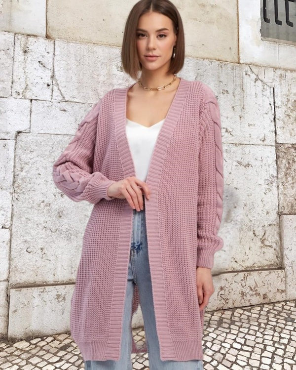 Women’s Knit Coat – Chunky Wool – Oversized Fit – Cable Sleeve – Long Open Front