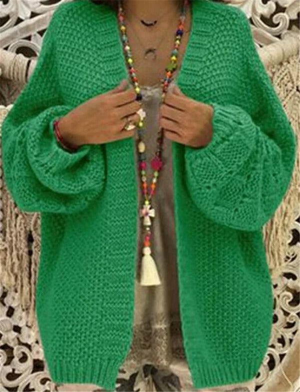 Women’s Cardigan – Chunky Knit Wool Blend – Oversized Fit – Open Front – Balloon Sleeves