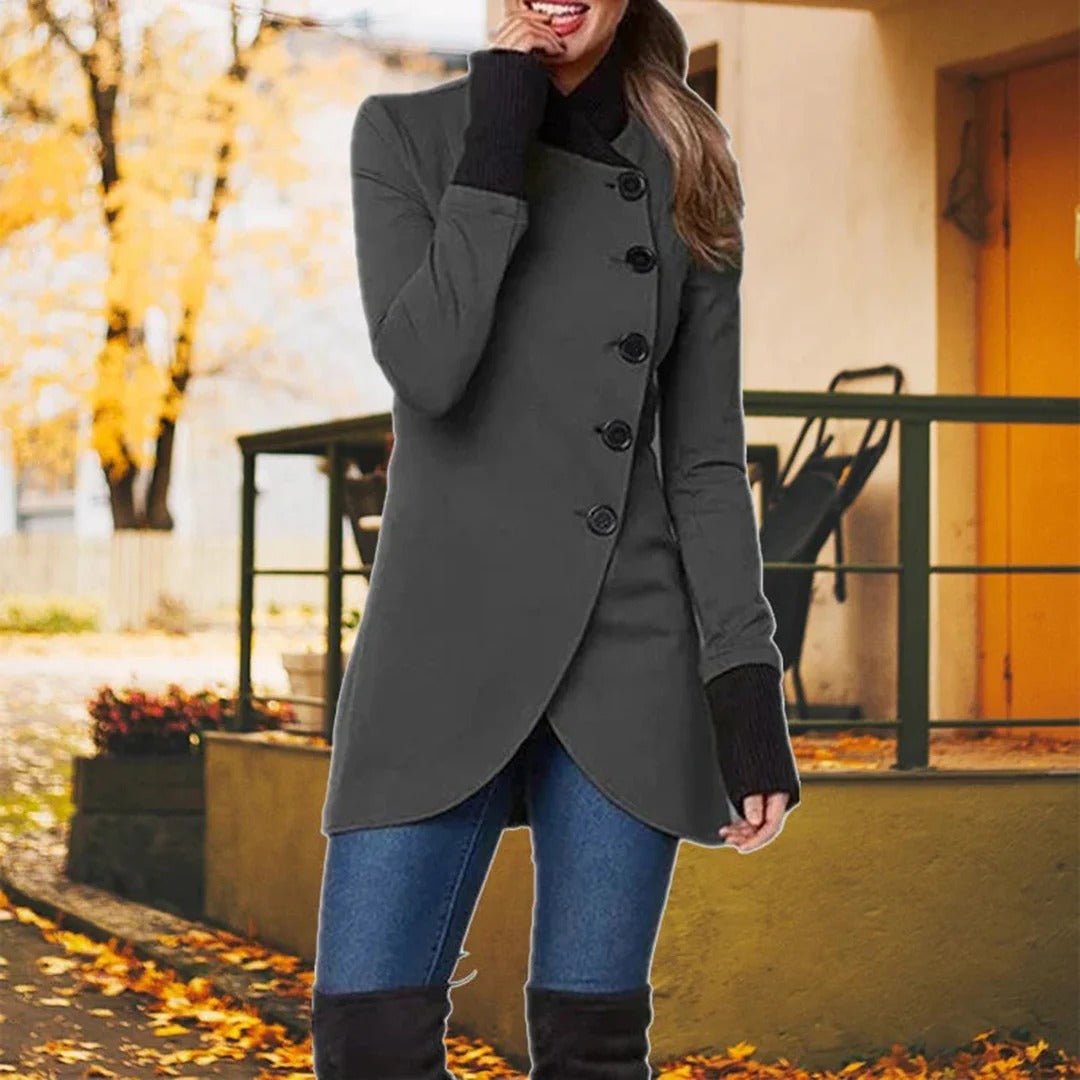 Women’s Tailored Jacket – Wool Blend – Asymmetrical Button-Up – High Collar – Mid-Thigh Length
