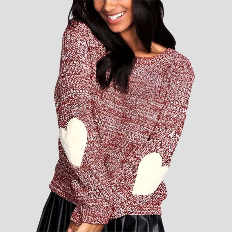 Women’s Knitted Sweater – Relaxed Fit – Chunky Knit – Heart Elbow Patches – Drop Shoulder