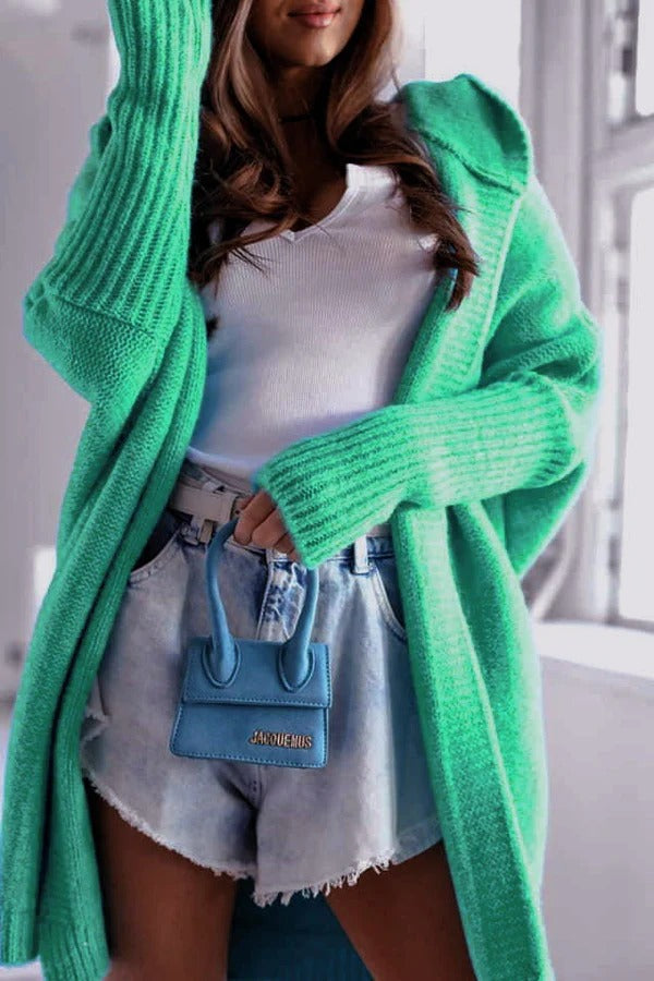 Women’s Knit Cardigan – Oversized Fit – Hooded – Open Front – Ribbed Trim Cozy Layer
