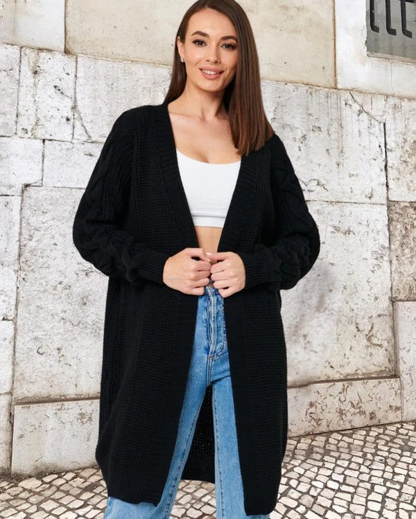 Women’s Knit Coat – Chunky Wool – Oversized Fit – Cable Sleeve – Long Open Front