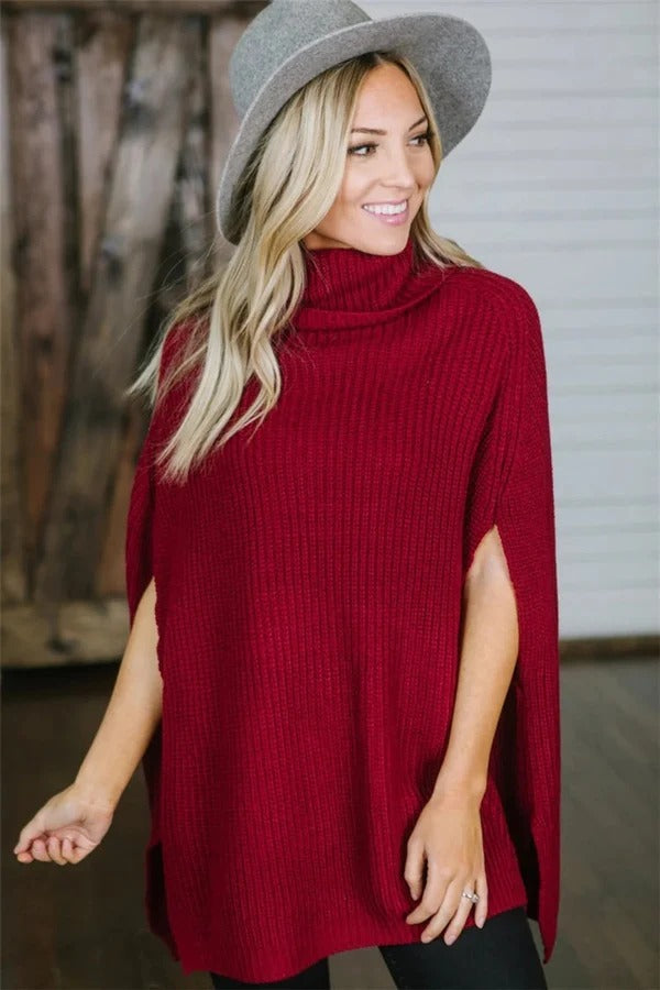 Women’s Knit Poncho – Oversized Fit – Wool Blend – High Turtleneck – Wide Sleeves
