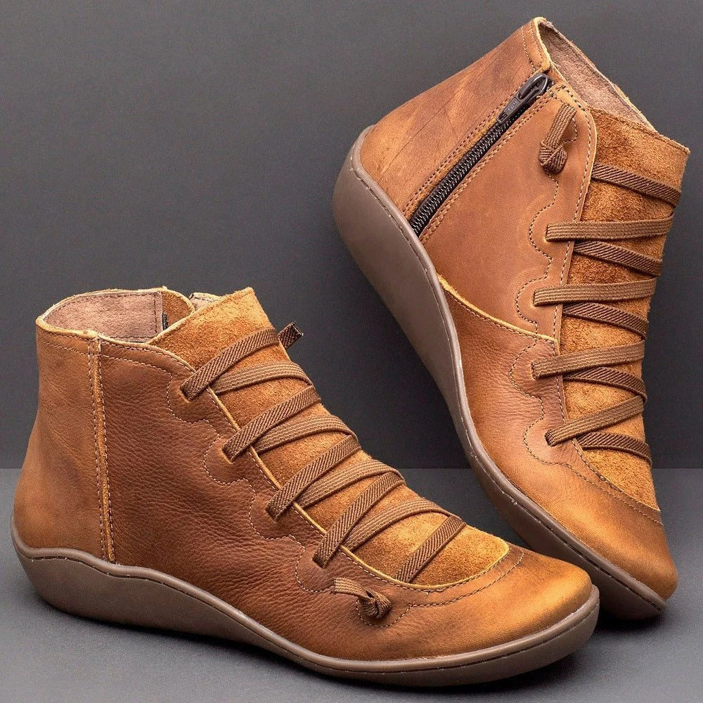 Women’s Ankle Boots – Smooth Leather Feel – Low Heel – Lace-Up Zipper – Casual Fit