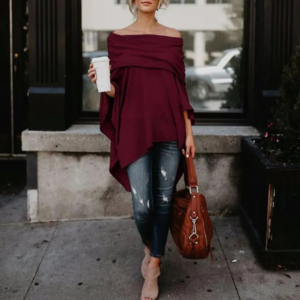 Women’s Long Sleeve Top – Off Shoulder – Relaxed Fit – Knitted Fabric – Asymmetrical Hem