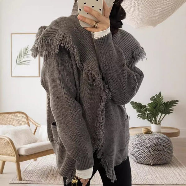 Women’s Knit Cardigan – Oversized Fit – Open Front – Frayed Edge Casual Layer