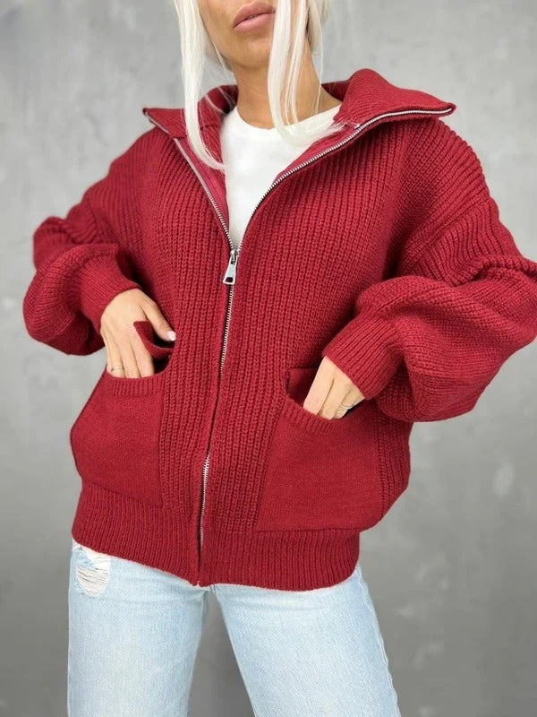 Women’s Knit Jacket – Relaxed Fit – Wool Blend – Ribbed Texture – Zip Front – Flap Pockets