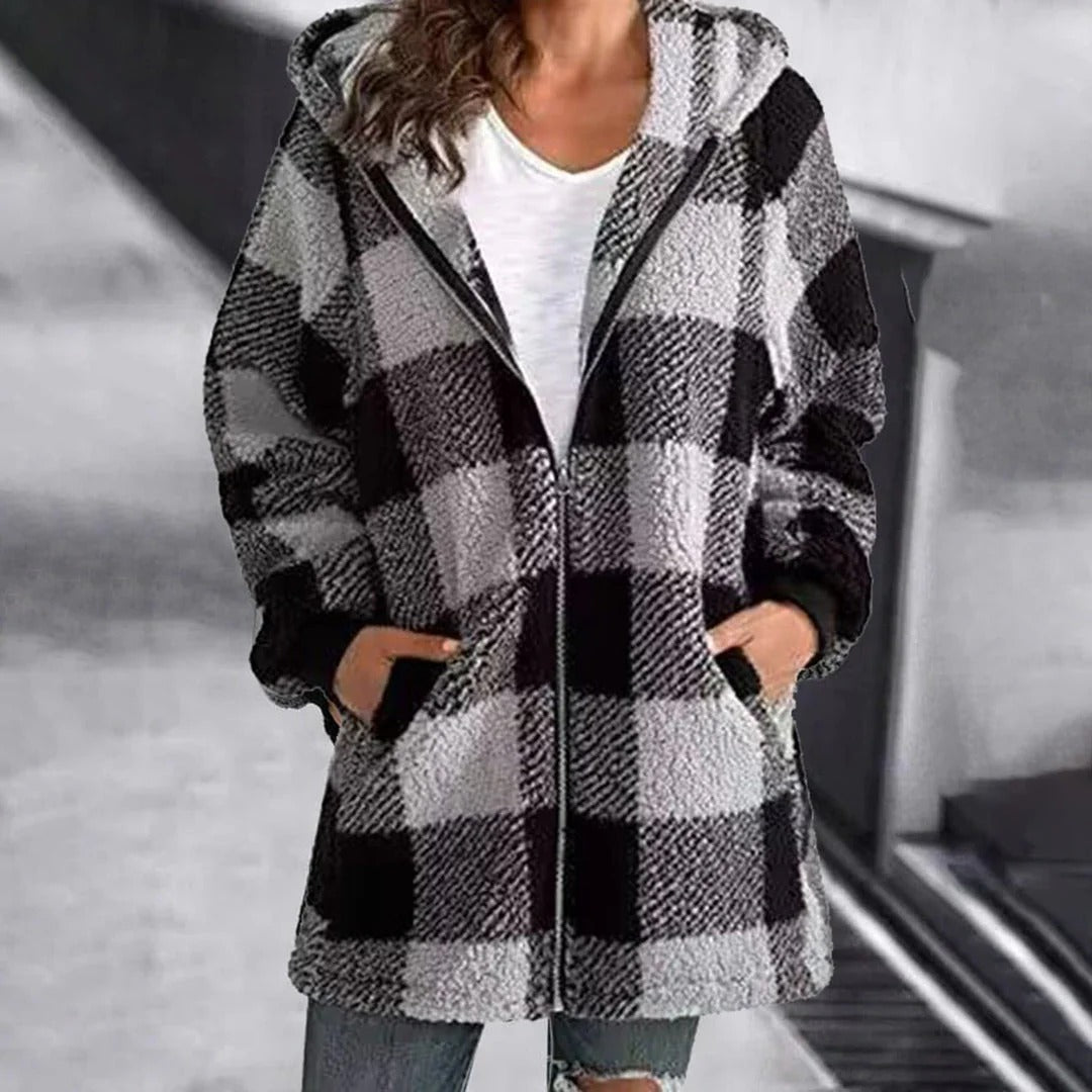 Women’s Hoodie – Oversized Fit – Soft Knit – Full Zip – Checkered Mid-Thigh Length