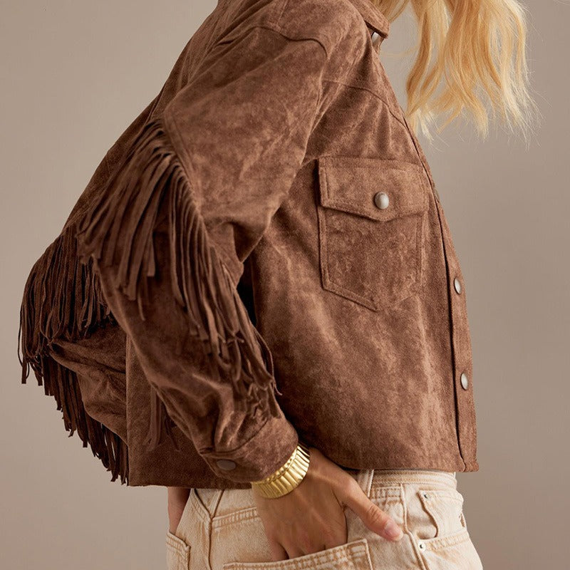 Women’s Cropped Jacket – Suede Feel – Fringe Sleeves – Button Front – Relaxed Fit