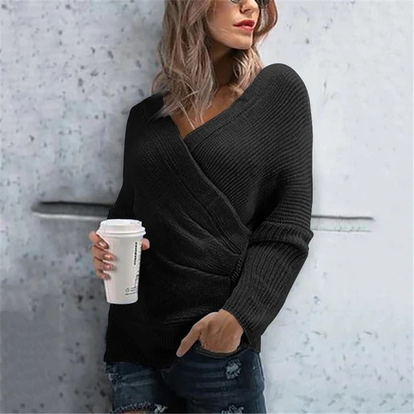 Women’s Wrap Sweater – Textured Knit – V-Neck – Relaxed Fit – Ribbed Hem – Hip Length