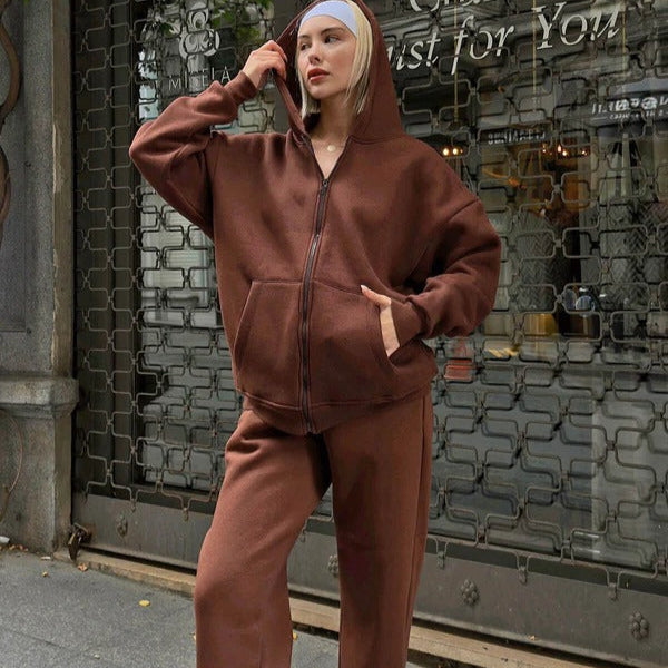 Women’s Two-Piece Hoodie Set – Oversized Fit – Cotton Blend – Zip Front – Lounge Wear