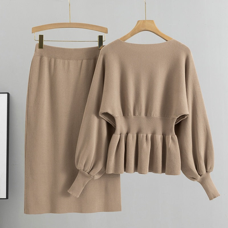 Women’s Two-Piece Knit Suit – Peplum Top with Balloon Sleeves – High Waist Midi Skirt